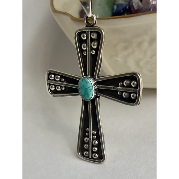 925 Sterling Silver Oxidized & Turquoise Cross Pendant - Picture 15 of 16